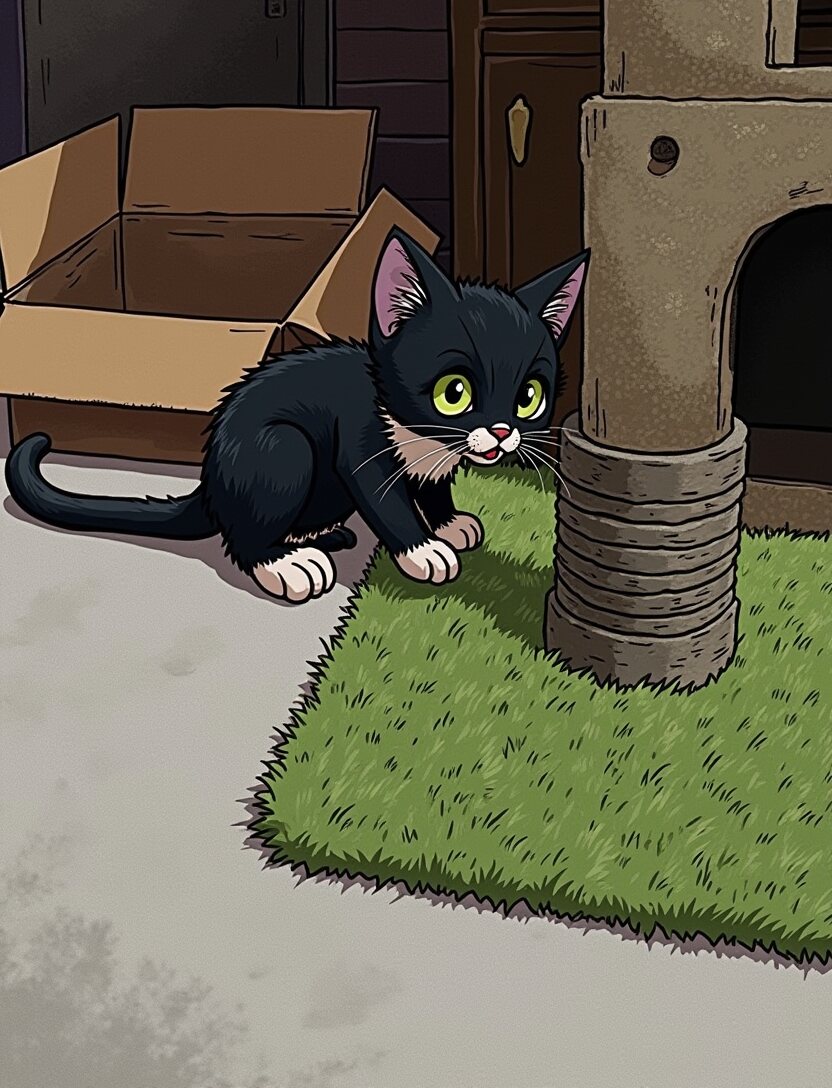 The kitten beside her cat tree on a patch of green turf, a cardboard box behind her.