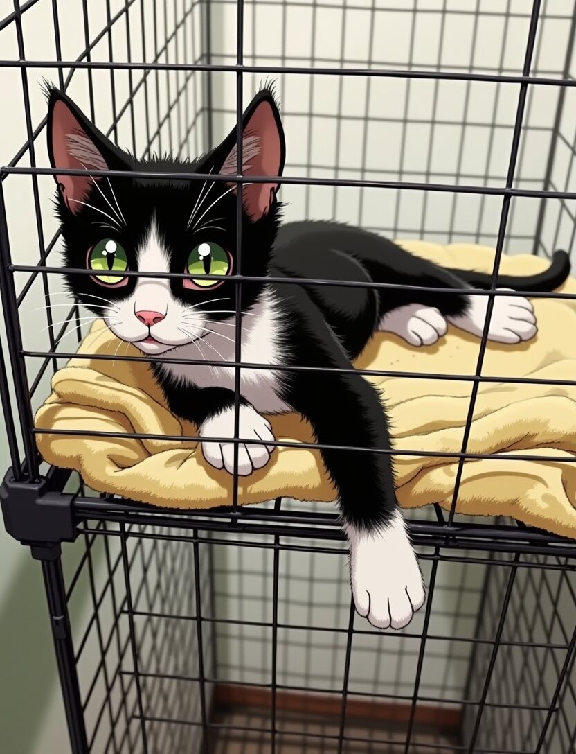 The kitten lying on a yellow towel inside a wire crate, one paw over the edge.