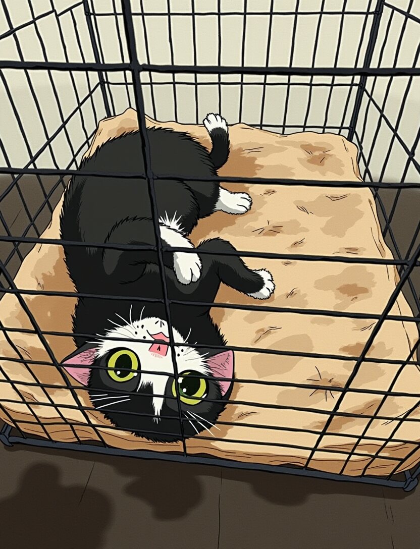 The kitten on her back inside the crate, wide-eyed, paws curled.