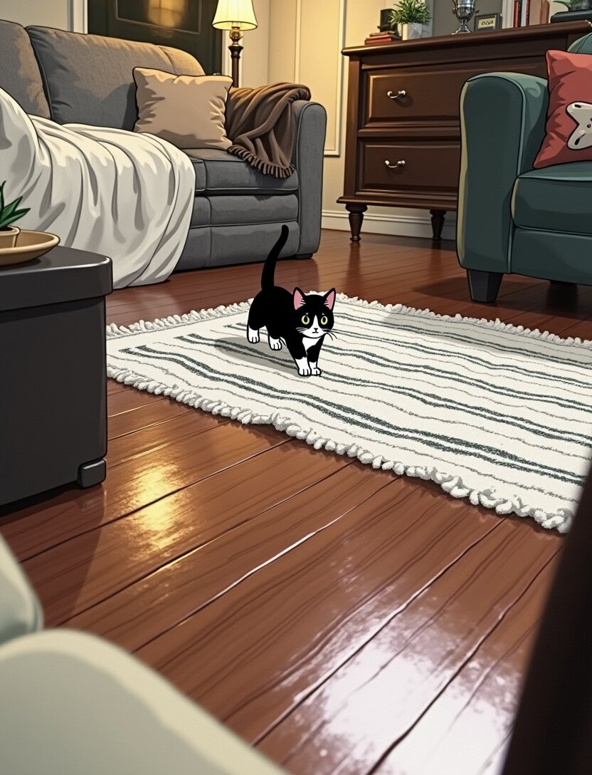 The kitten mid-stride across a striped rug in the living room.
