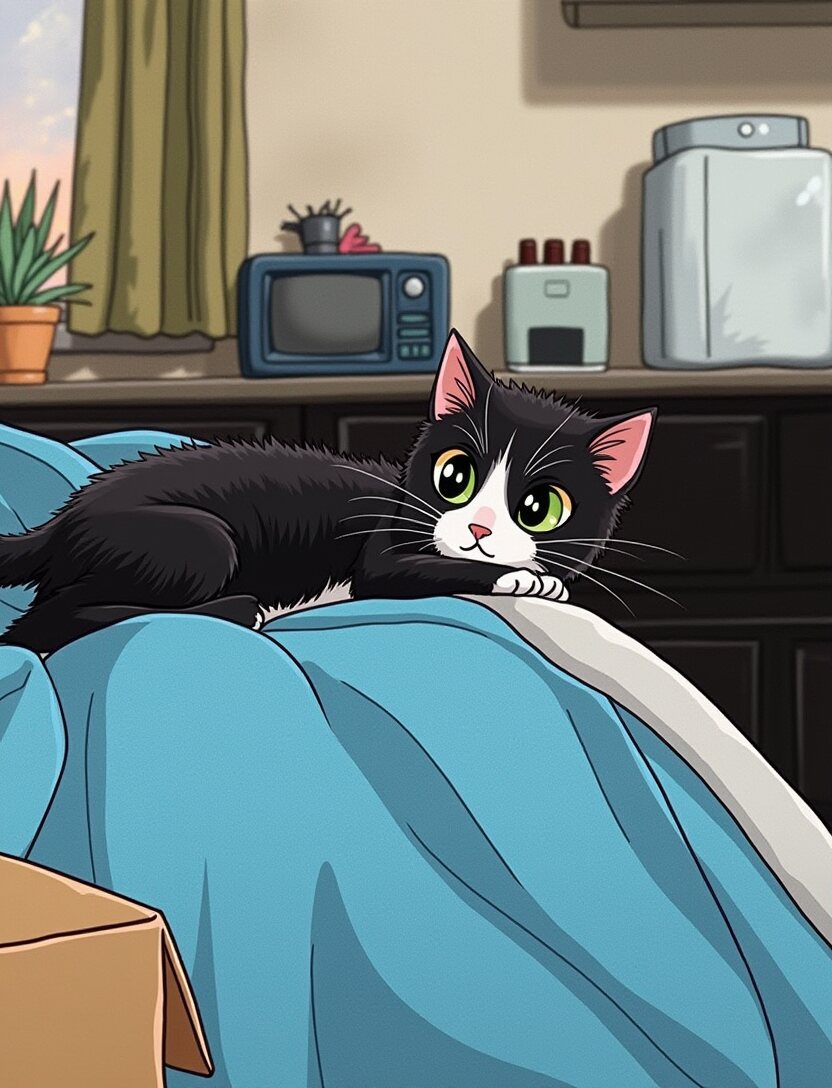 The kitten lying on a blue blanket on the bed, looking at the camera.