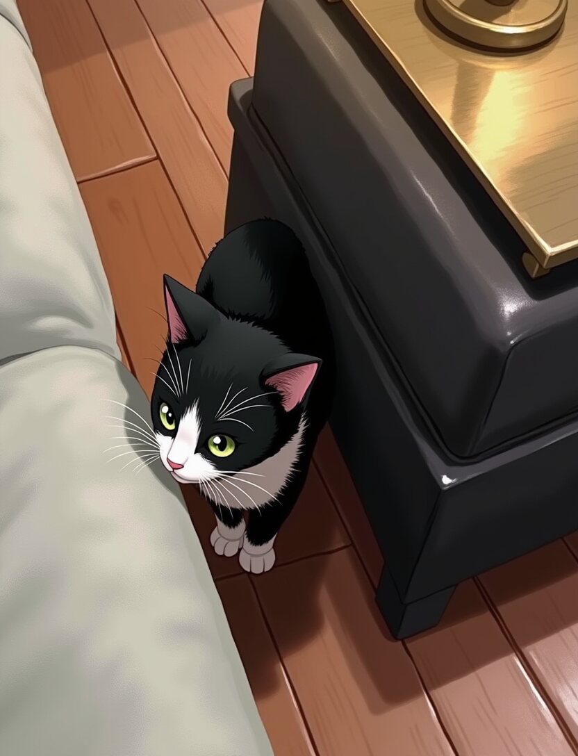 A small tuxedo kitten pressed against the side of a black ottoman on a wooden floor, looking up.