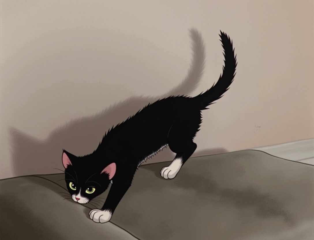 The kitten stretching along the arm of a pale couch, tail up.
