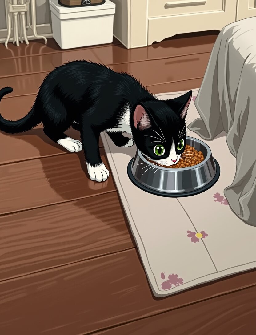 The kitten with her head down in a steel bowl on a feeding mat.